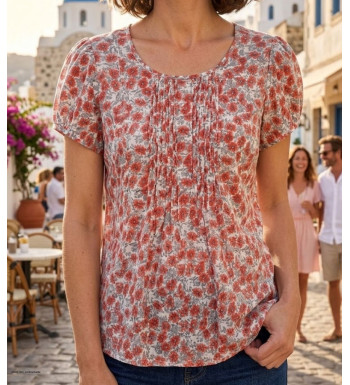 Chemisier plissé fleuri à manches courtes MAYFLOWER modèle VELVI1 coloris rouge et gris en viscose.