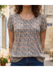 Chemisier plissé à manches courtes MAYFLOWER modèle VODOU1 coloris noir et rouille avec imprimé graphique en viscose.