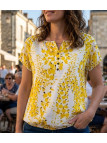 Chemisier à manches courtes et bas élastiqué MAYFLOWER modèle VIDEO1 coloris jaune et blanc avec imprimé fleuri en viscose.