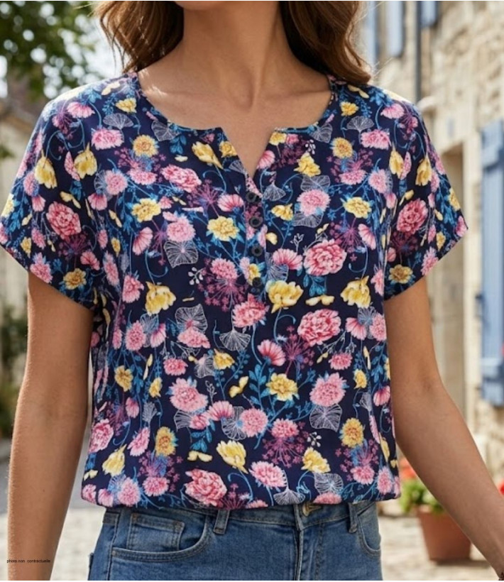 Chemisier à manches courtes MAYFLOWER modèle VICTOIRE1 coloris bleu et rose avec imprimé et liseré de boutons.