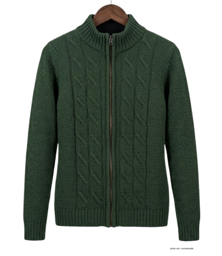 Cardigan torsadé olive femme SAMY2 – Zippé, laine & acrylique