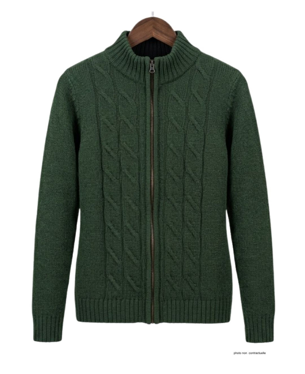 Cardigan torsadé olive femme SAMY2 – Zippé, laine & acrylique