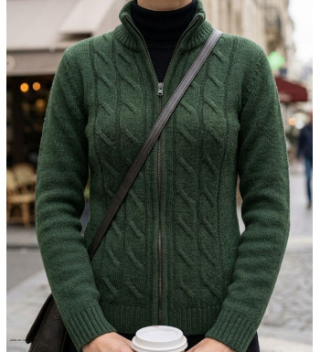Cardigan torsadé olive femme SAMY2 – Zippé, laine & acrylique