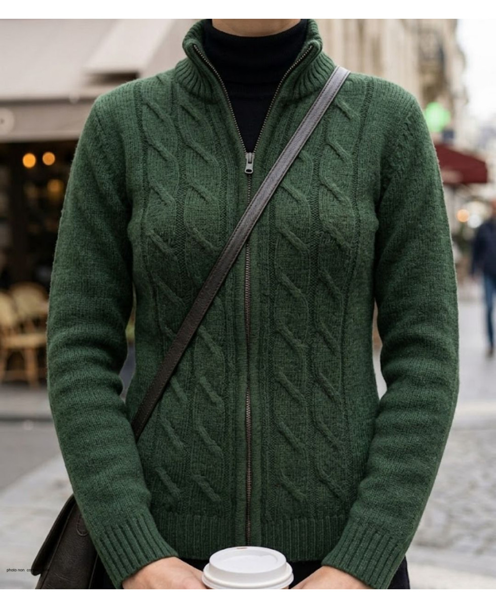 Cardigan torsadé olive femme SAMY2 – Zippé, laine & acrylique