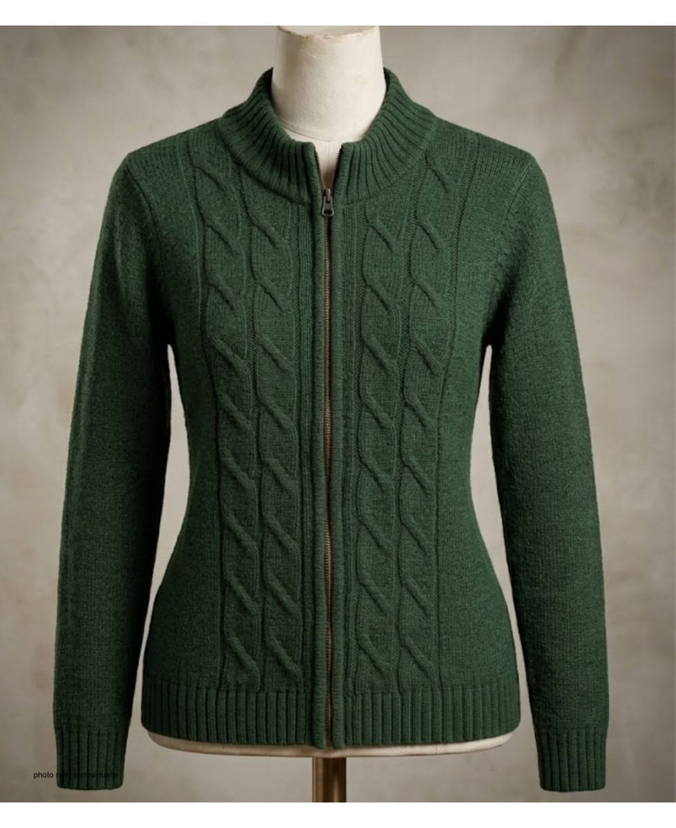 Cardigan torsadé olive femme SAMY2 – Zippé, laine & acrylique