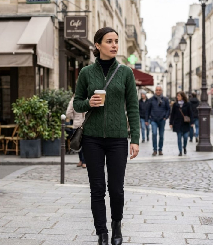 Cardigan torsadé olive femme SAMY2 – Zippé, laine & acrylique