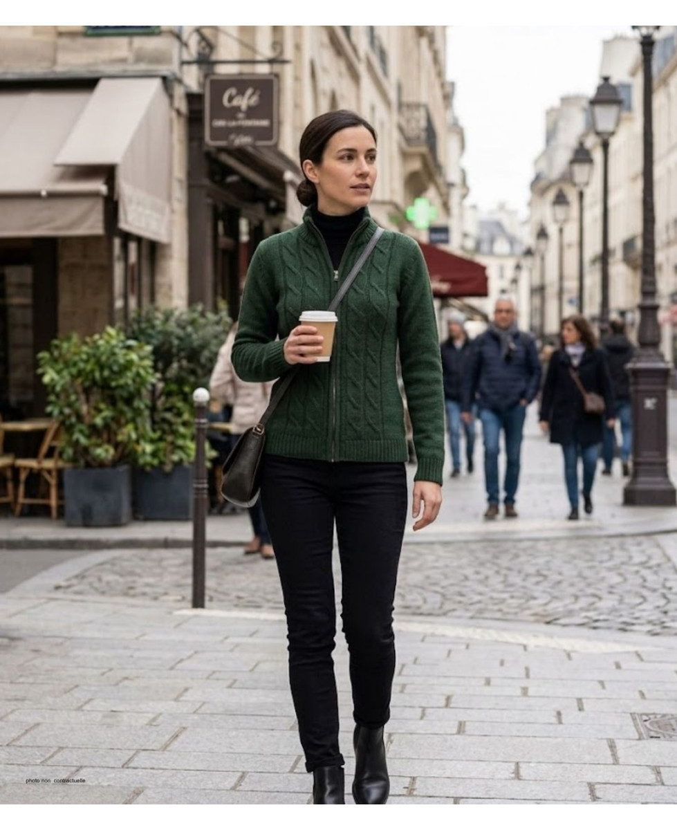 Cardigan torsadé olive femme SAMY2 – Zippé, laine & acrylique