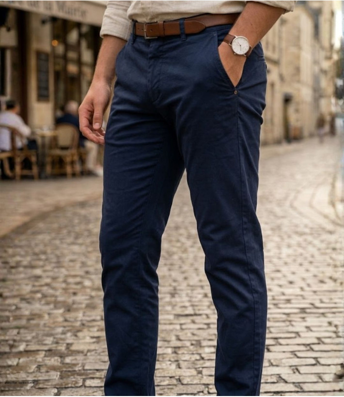 Pantalon coupe chino pour homme CHALLENGER modèle PANT2002A de couleur bleu marine, vue de face.