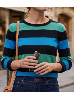Pull large rayure noir bleu vert en pur coton doux pour femme MAYFLOWER modèle PAGODE2N.