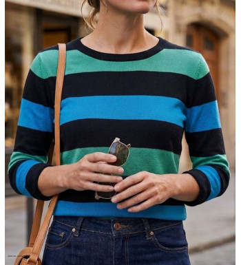 Pull large rayure noir bleu vert en pur coton doux pour femme MAYFLOWER modèle PAGODE2N.