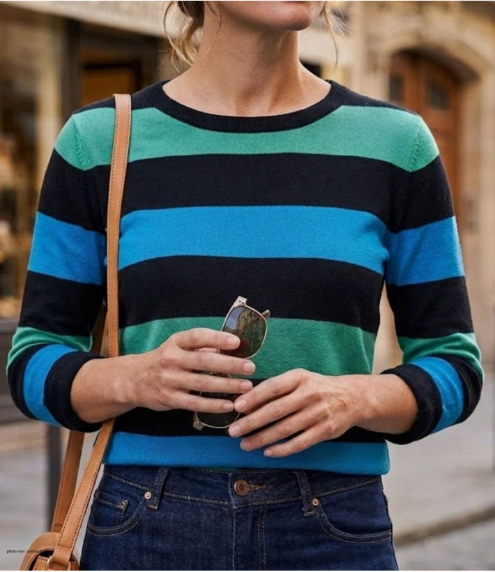 Pull large rayure noir bleu vert en pur coton doux pour femme MAYFLOWER modèle PAGODE2N.