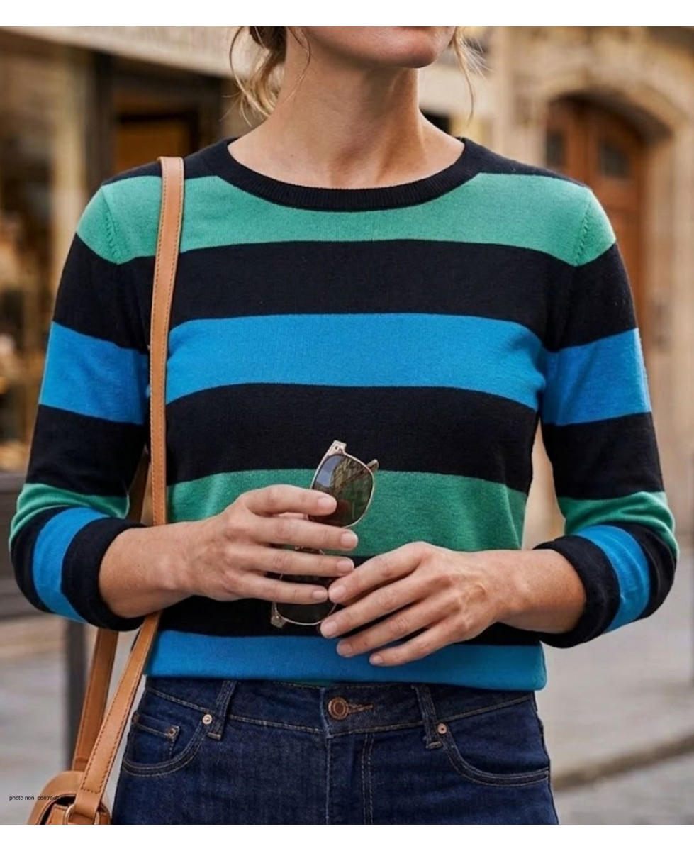 Pull large rayure noir bleu vert en pur coton doux pour femme MAYFLOWER modèle PAGODE2N.