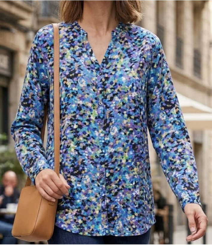 Chemisier fluide à manches longues MAYFLOWER modèle CHF3062 avec motifs imprimés violet bleu vert et col V ouvert.