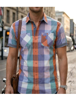 Chemise manches courtes pour homme WINCHESTER modèle TAHITI2 coloris orange et bleu avec deux poches poitrine.