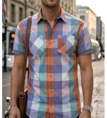Chemise manches courtes pour homme WINCHESTER modèle TAHITI2 coloris orange et bleu avec deux poches poitrine.