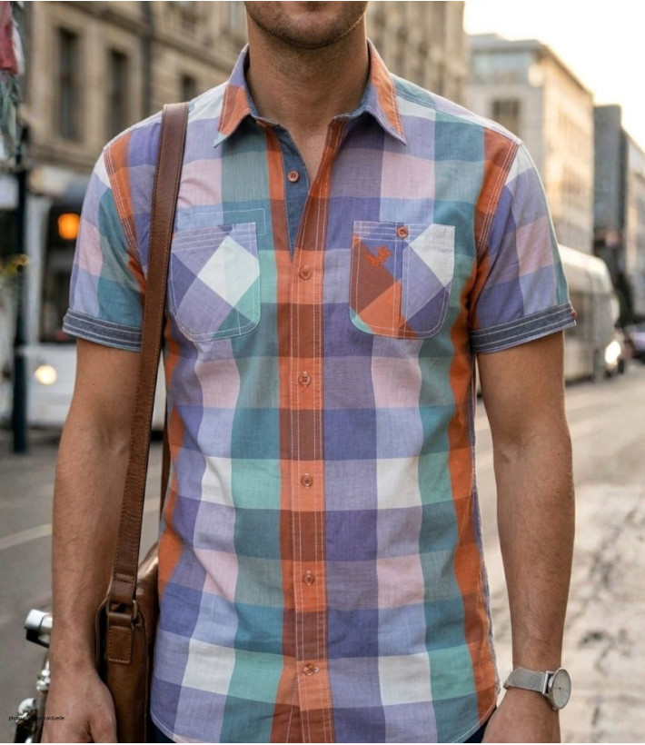 Chemise manches courtes pour homme WINCHESTER modèle TAHITI2 coloris orange et bleu avec deux poches poitrine.