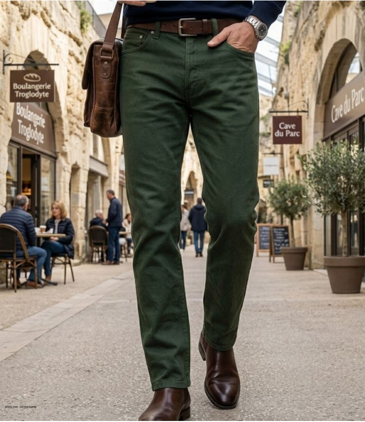 Jean homme coupe confort MAYFLOWER COLLECTION modèle Miami de couleur vert kaki en toile denim coton face avant.