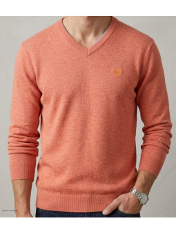 Pull col V pour homme CHALLENGER modèle PALAIS2 de couleur orange en maille fine de face.