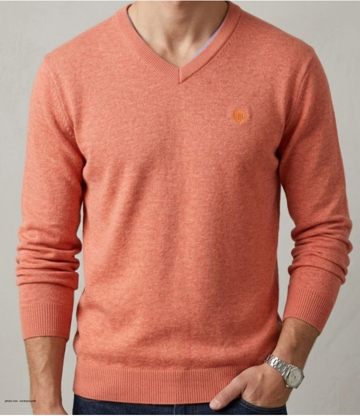Pull col V pour homme CHALLENGER modèle PALAIS2 de couleur orange en maille fine de face.