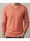 Pull col V pour homme CHALLENGER modèle PALAIS2 de couleur orange en maille fine de face.