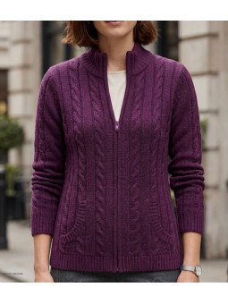 Cardigan violet SUZY1 femme – Jacquard, col montant, zippé
