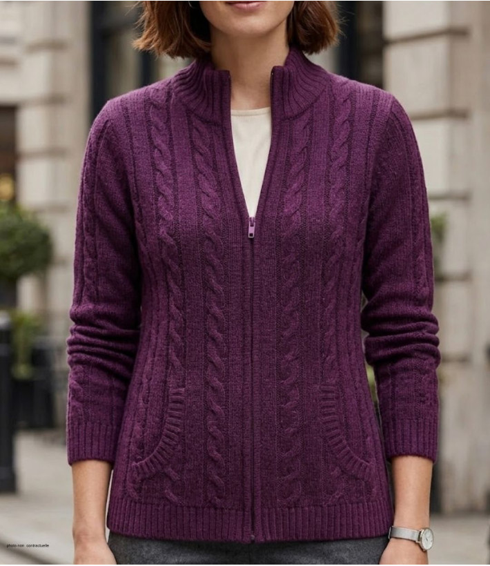 Cardigan violet SUZY1 femme – Jacquard, col montant, zippé