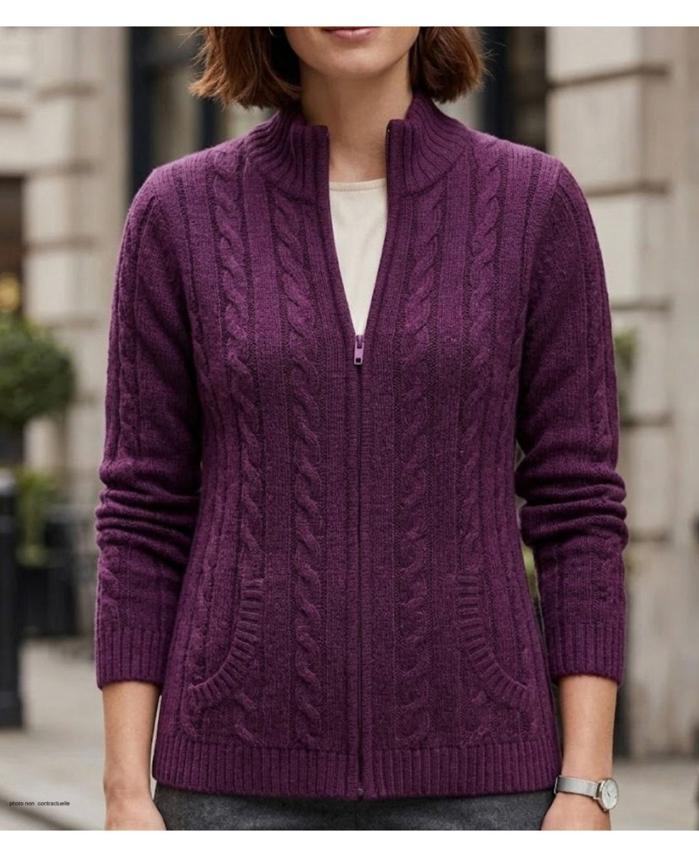 Cardigan violet SUZY1 femme – Jacquard, col montant, zippé