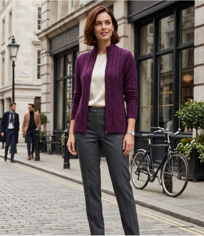 Cardigan violet SUZY1 femme – Jacquard, col montant, zippé