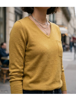 Pull moutarde femme CABARET2 – Col V roulotté, maille fine