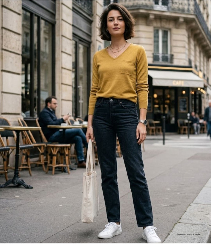Pull moutarde femme CABARET2 – Col V roulotté, maille fine