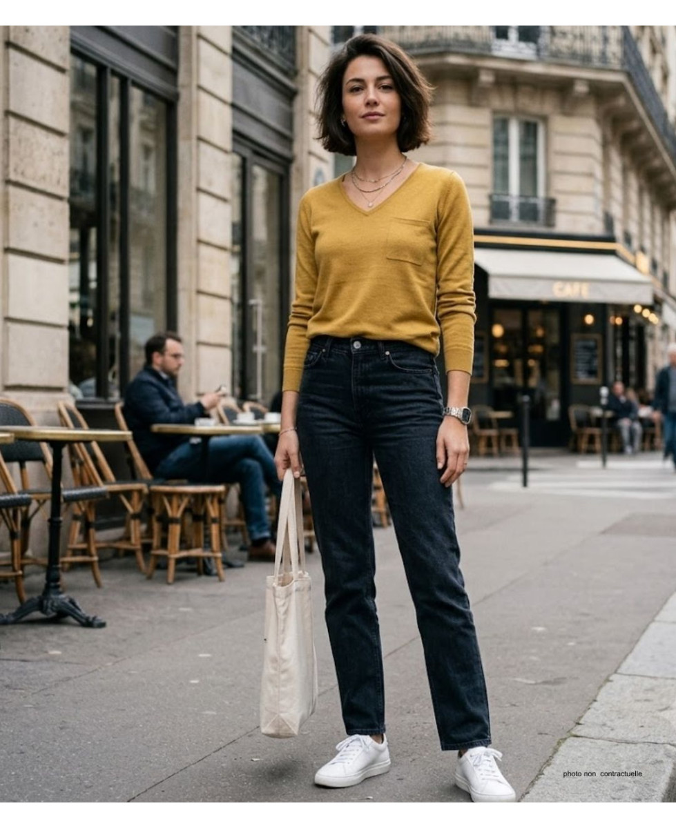 Pull moutarde femme CABARET2 – Col V roulotté, maille fine