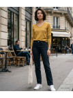 Pull moutarde femme CABARET2 – Col V roulotté, maille fine