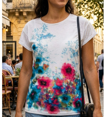 Tee-shirt DRISSA1 bleu/rose col bateau kimono coton femme