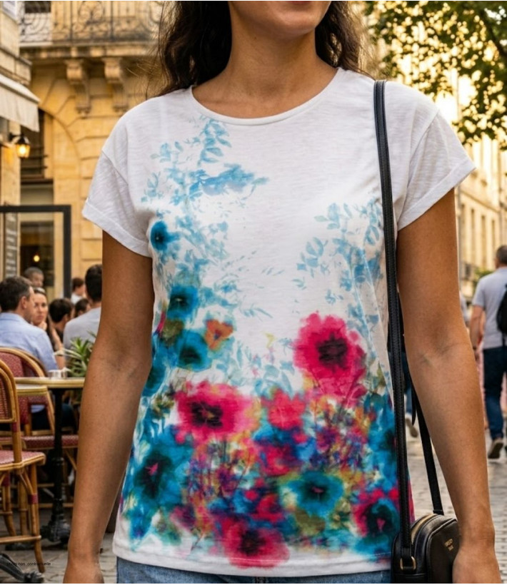 Tee-shirt DRISSA1 bleu/rose col bateau kimono coton femme