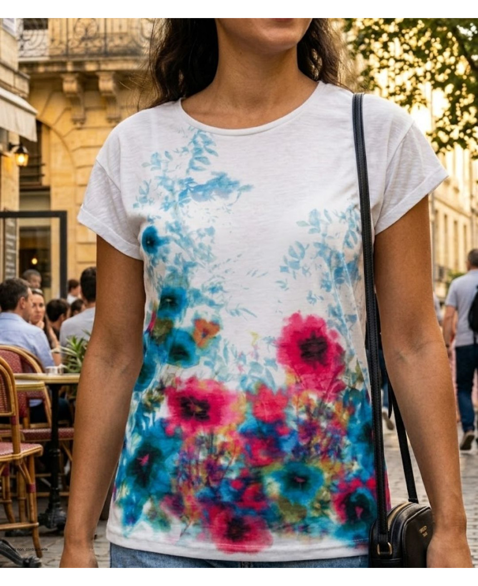Tee-shirt DRISSA1 bleu/rose col bateau kimono coton femme