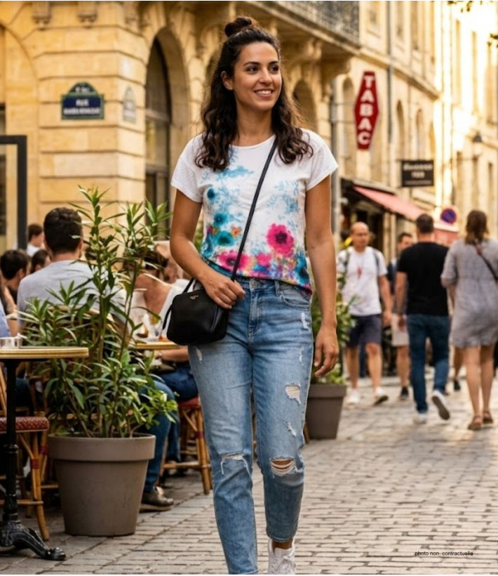 Tee-shirt DRISSA1 bleu/rose col bateau kimono coton femme