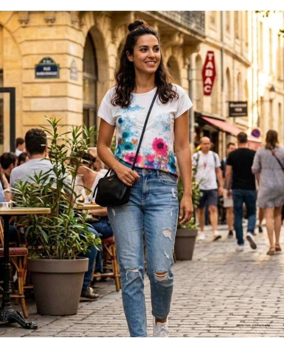 Tee-shirt DRISSA1 bleu/rose col bateau kimono coton femme