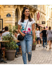 Tee-shirt DRISSA1 bleu/rose col bateau kimono coton femme