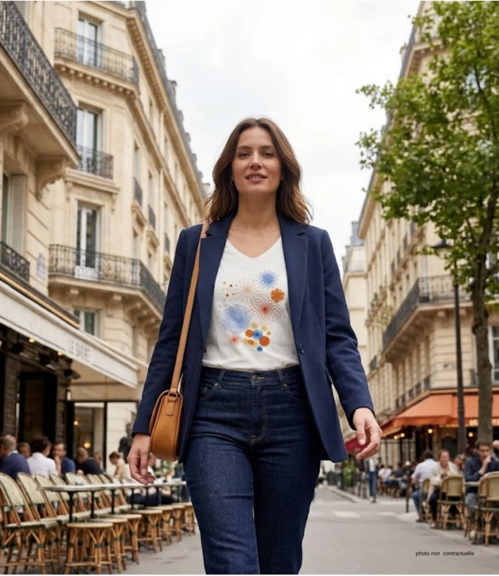 Tee-shirt blanc M3121A col V sérigraphie coton femme