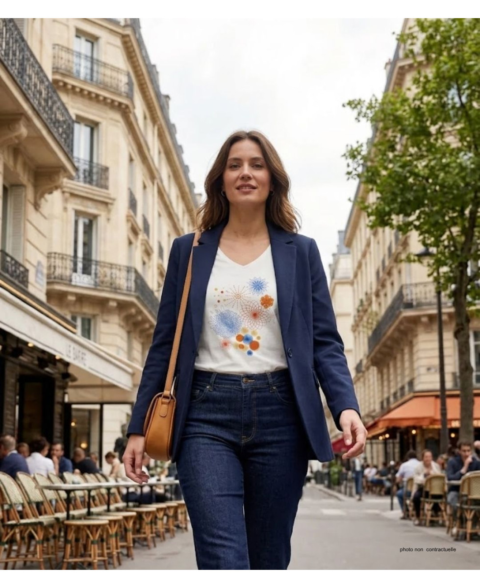 Tee-shirt blanc M3121A col V sérigraphie coton femme