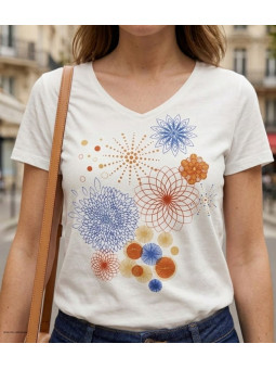 Tee-shirt blanc M3121A col V sérigraphie coton femme