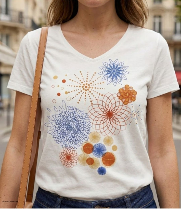 Tee-shirt blanc M3121A col V sérigraphie coton femme