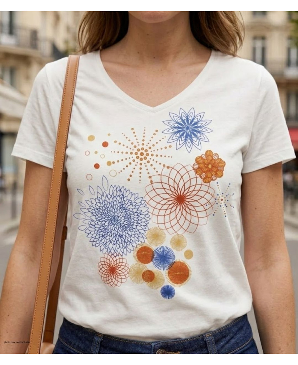 Tee-shirt blanc M3121A col V sérigraphie coton femme