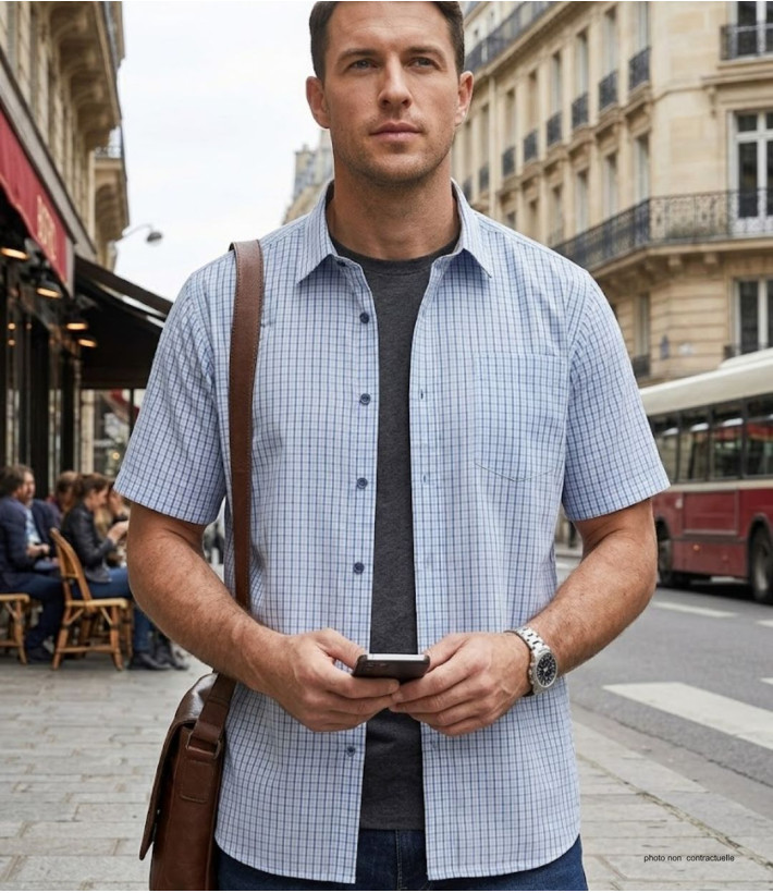 CHALLENGER CH4042 Chemise manches courtes légère bleu blanc