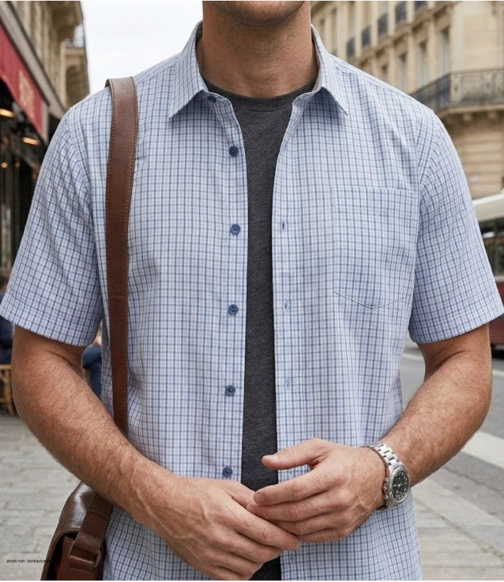 Chemise à manches courtes pour homme CHALLENGER modèle CH4042 de couleur bleu et blanc vue de face avec sa poche poitrine.