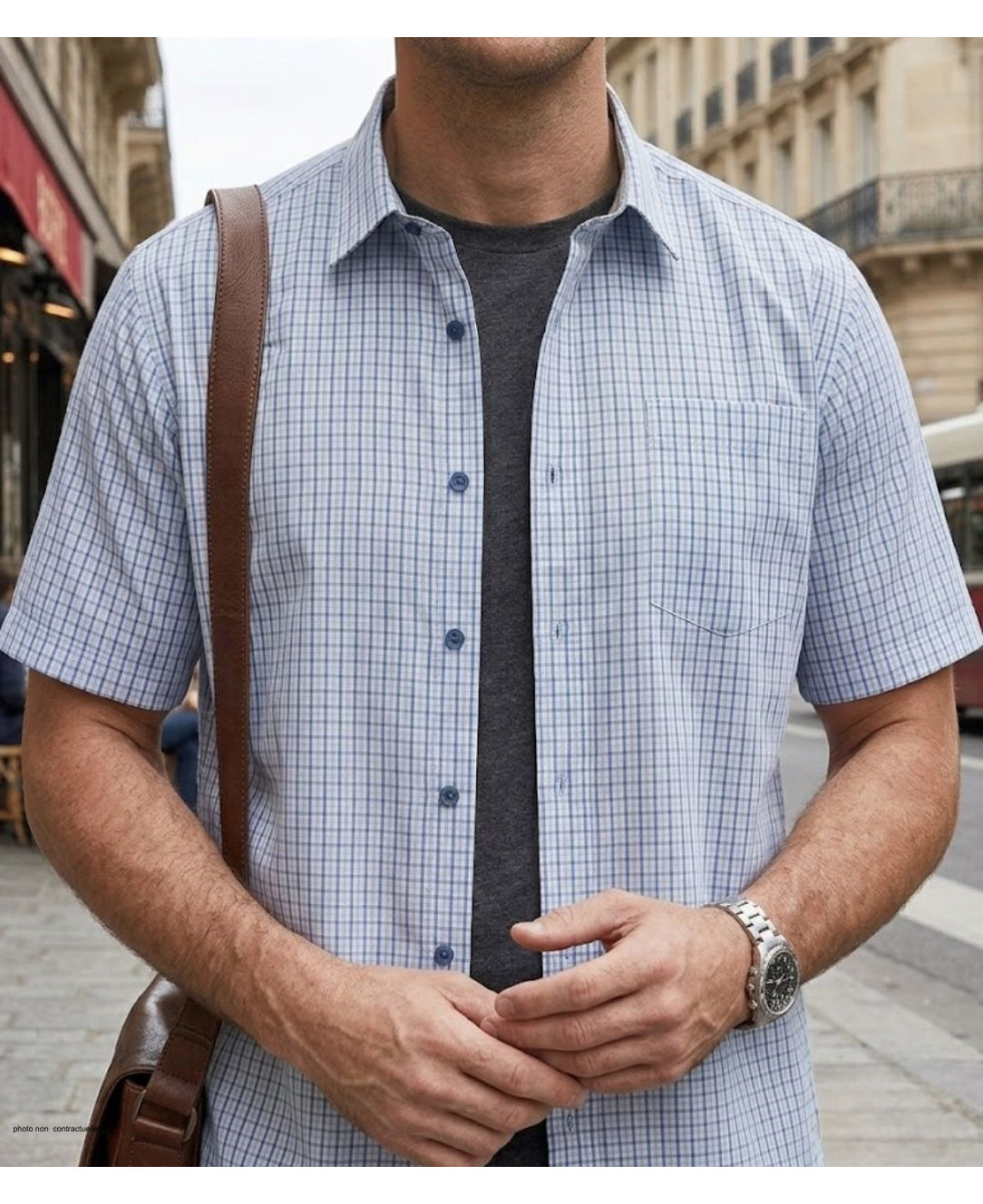 Chemise à manches courtes pour homme CHALLENGER modèle CH4042 de couleur bleu et blanc vue de face avec sa poche poitrine.