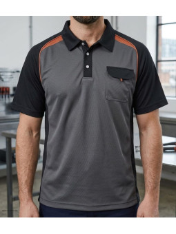 Polo manches courtes pour homme TERRATREND modèle 3817GN coloris gris noir et orange avec col chemise et poche poitrine.