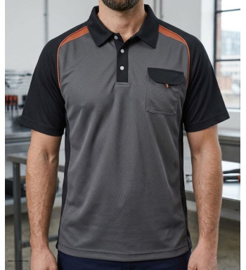 Polo manches courtes pour homme TERRATREND modèle 3817GN coloris gris noir et orange avec col chemise et poche poitrine.