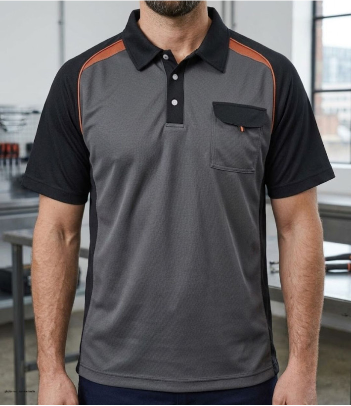 Polo manches courtes pour homme TERRATREND modèle 3817GN coloris gris noir et orange avec col chemise et poche poitrine.