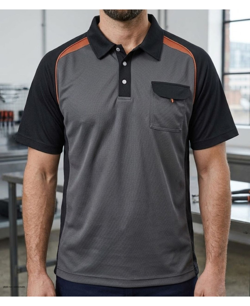 Polo manches courtes pour homme TERRATREND modèle 3817GN coloris gris noir et orange avec col chemise et poche poitrine.